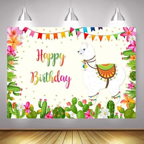 Alpaca Happy Birthday Photo Background Children Fiesta Party Photography Backdrop Cactus Flowers Bunting Baby Birthday Photocall