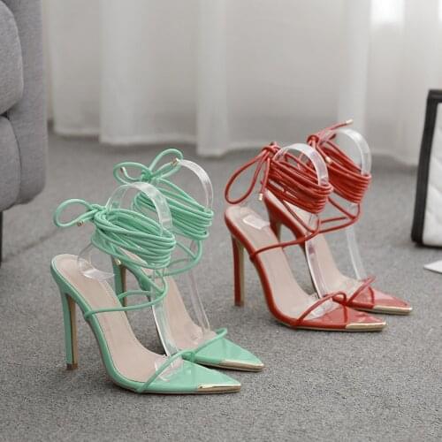 Cross Tie Sandals Women 11.5cm High Heels Fetish Green Summer Shoes Female Pointed Toe Roman Sandals Girls Stripper Heels Shoes