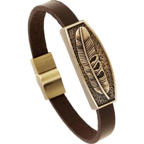 Vintage Alloy Feather Genuine Leather Cuff Bracelet Retro Magnetic Charm Wristband Biker Unisex Bangle Fashion Punk Jewelry Gift