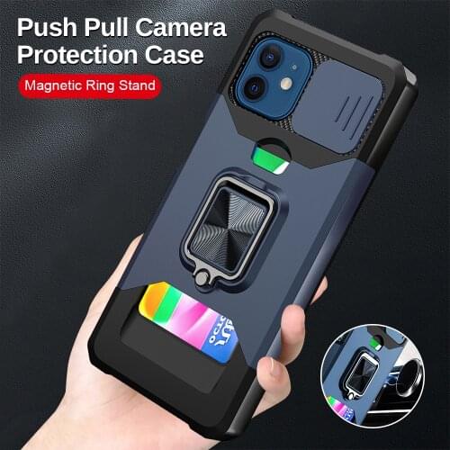 Push Camera Protect Case For iphone 13 Pro Max Mini 12 11 X XS XR 8 7 Plus SE Car Magnetic Ring Stand Card Slot Back Cover Coque