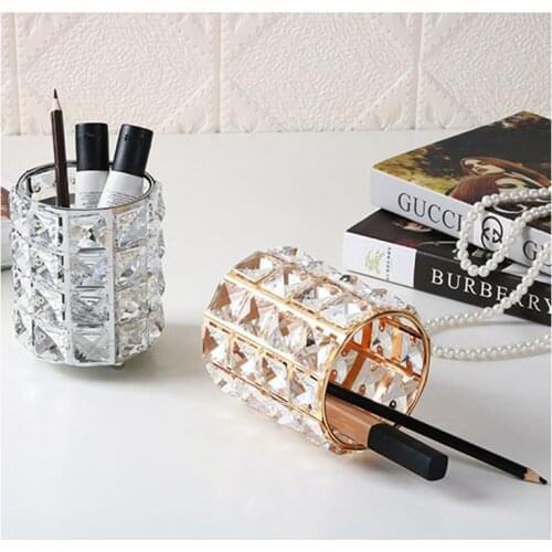 European Style Crystal Pen Holder Metal Vase Ornaments Nail Beauty Eyebrow Pen Brush Storage Cylinder Office Desk Art Decoration