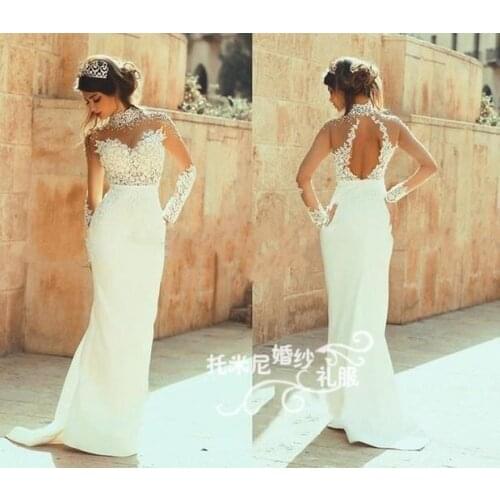 Custom Sexy Backless white long Prom gown 2015 new hot vestidos sheath crystal beading appliques lace Formal Evening Dresses