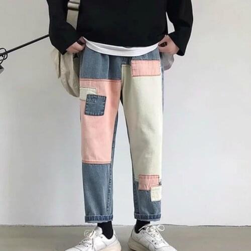 Jeans Men Patchwork Ins Ankle-length Leisure Elastic Waist Plus Size 3XL Loose Teens Chic Streetwear Hip-hop