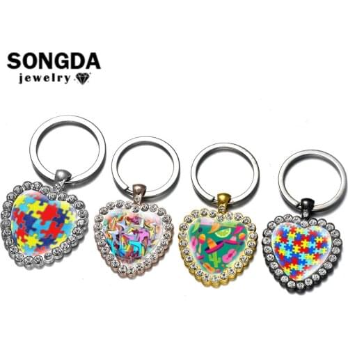 SONGDA Colorful Autism Awareness Keychain Jigsaw Puzzle Piece Cartoon Pattern Love Heart Metal Key Chain Glass Art Photo Keyring