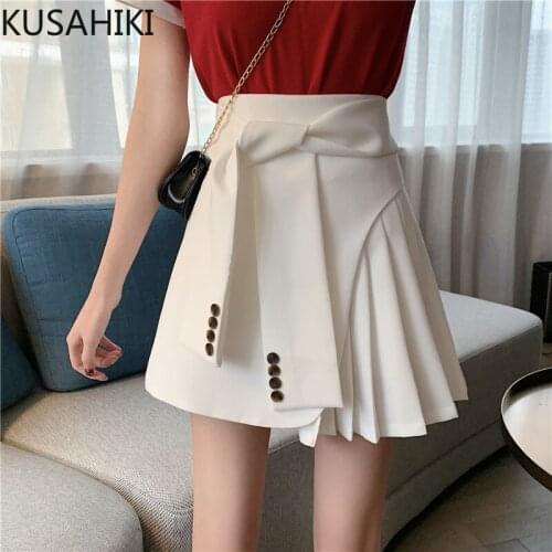 KUSAHIKI Spring 2021 New Bandage Slim Waist Women Skirt Causal Pleated A-line Mini Skirts Korean Elegant Mujer Faldas 6F411