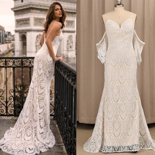 Sweetheart Spaghetti Strap Mermaid Wedding Dress Boho Bohemian Beach Romantic New Spring Hollow Out Lace Bridal Gowns #4058