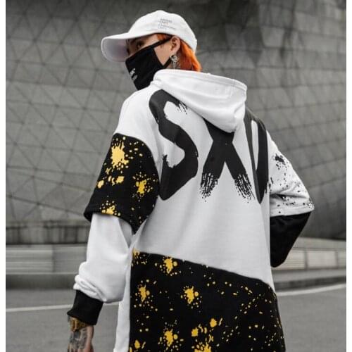 Student stitching print plus velvet hooded male loose hip hop mens jacket jacket