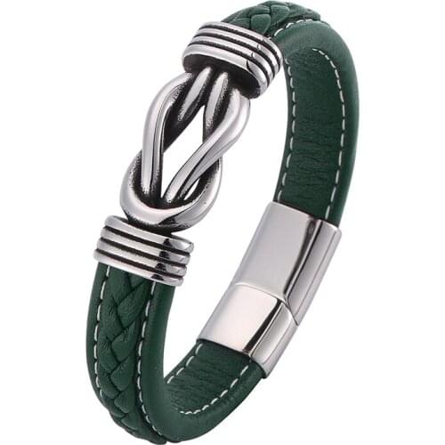 Punk Jewelry Men Green Leather Bracelet Irregular Winding Graphic Stainless Steel Magnet Clasp Male Wristband Man Gifts PD0770