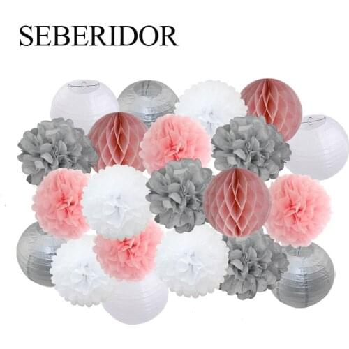 Hot 21 Pieces Gold Silver Pink Set Round Paper Lantern For Wedding Party Favor Birthday Baptism Decor Hanging DIY Tissue Pompom
