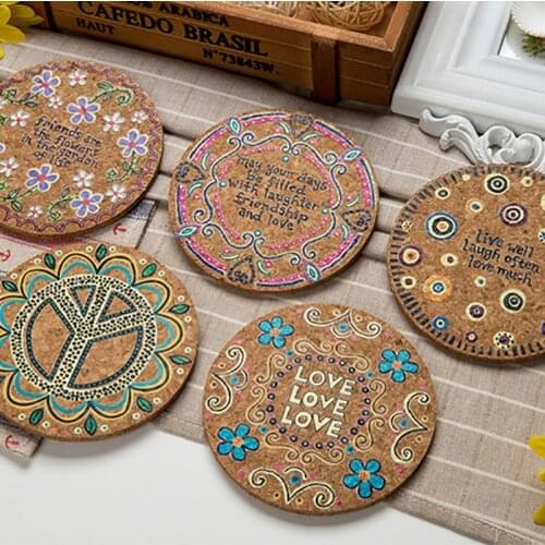 Natural Cork Round Cup Mat Drink Coasters Heat Insulation Patterned Pot Holder Mats for Coffee Table Tabletop