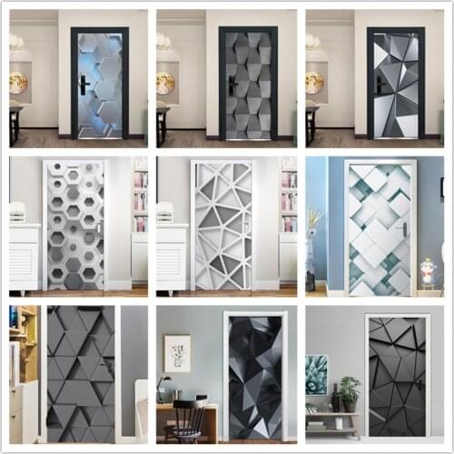 Modern 3D Stereo Geometric Door Mural PVC Self-Adhesive Waterproof Wall Sticker Living Room Creative Decor Door Stickers Poster