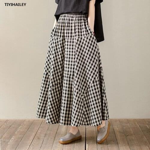 TIYIHAILEY Free Shipping 2021 New Long Maxi Elastic High Waist Women Cotton Linen Skirts Spring Summer Black Plaid A-line