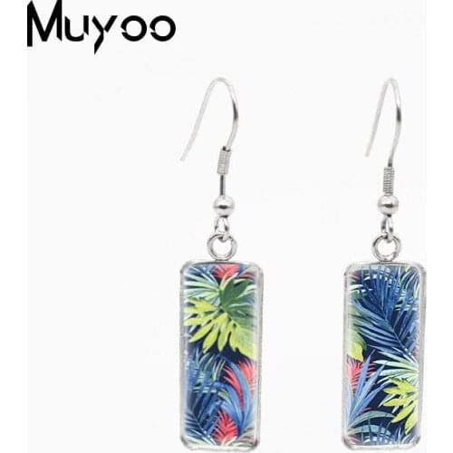 Vintage Tropical Leaf Print Monstera Leaf Print Beautiful Leaves Patterns Square Hook Earrings Stainless Steel Hook Earrings