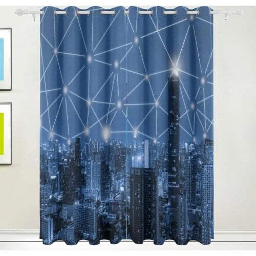 3D Blue Tone City Curtains Drapes Panels Darkening Blackout Grommet Room Divider for Patio Window Sliding Glass Door 55x84 Inch
