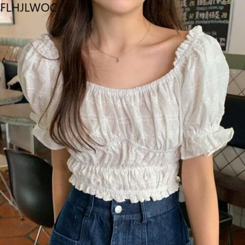 Sexy Short Crop Tops 2021 Summer Women Cute Sweet Girls Lolita Japan Style Slim Fitted Little Small Solid White Blouses