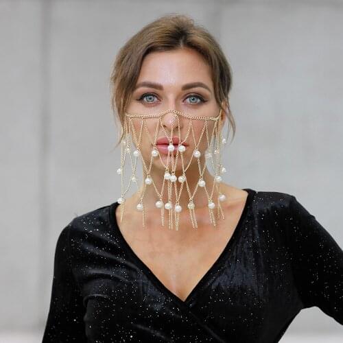 Masquerade Tassel Pearl Masks Women Handmade Rhinestone Chain Head Decor Facemask Cosplay Face Chain Festival Party Jewelry