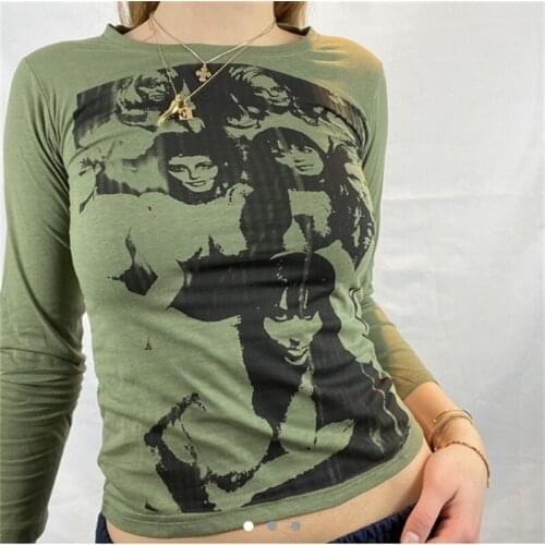 2021 New Women Slim Fit O-neck T-shirt Y2K Style Spring Autumn Basic Tops Girls Print Long Sleeve Pullover Red/Pink/Blue/Green