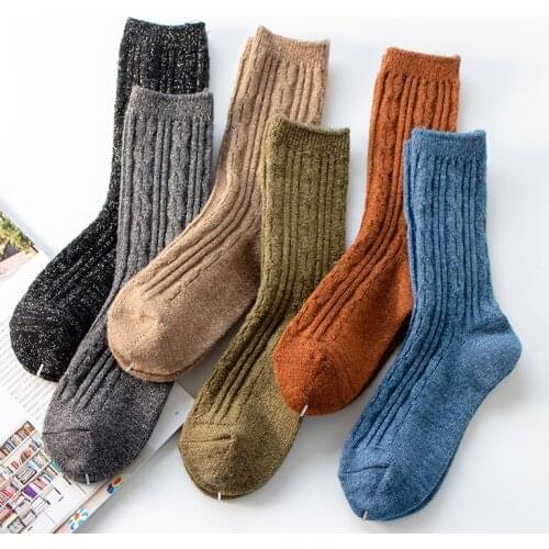 2020 Winter Autumn Women Wool Japan Harajuku Golden Thread Bright Thickened Warm Solid Color Student Matched 3Pairs Socks