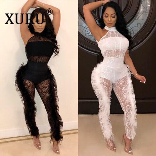 XURU Europe and America Sexy Solid Color Feather Side Jumpsuit Autumn New Womens Bodysuit