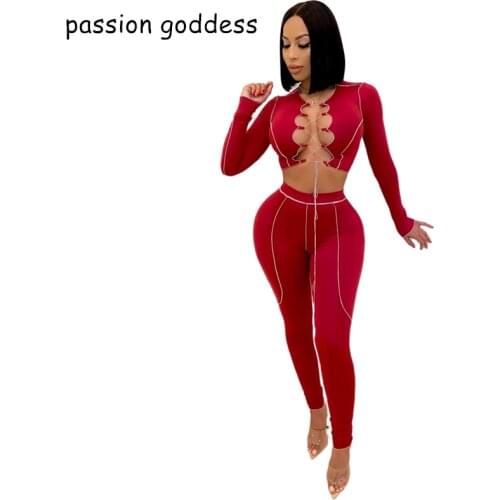 Women Spring Fashion Sexy Two Piece Set Outfits Long Sleeve Hollow Out Crop Top and High Waist Skinny Pencil Pant Suit Tracksuit