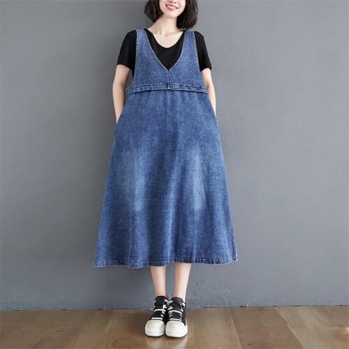 Summer Casual Loose Jeans Dress Women Washed Vintage Oversized Dresses High Street Sleeveless Sunress Vestido De Mujer 2021