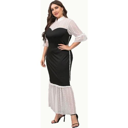 Womens Spring and Autumn Elegant Long Skirt Fashion Stand Collar Lace Wedding Dress Sexy Slim Large Size Party Dress 5XL
