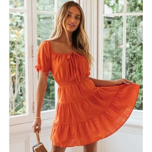 Summer Solid Mini Dress Short Sleeve Square Collar Vintage Vestidos Beach Evening Party Boho Casual Clothes Fad Women Dresses