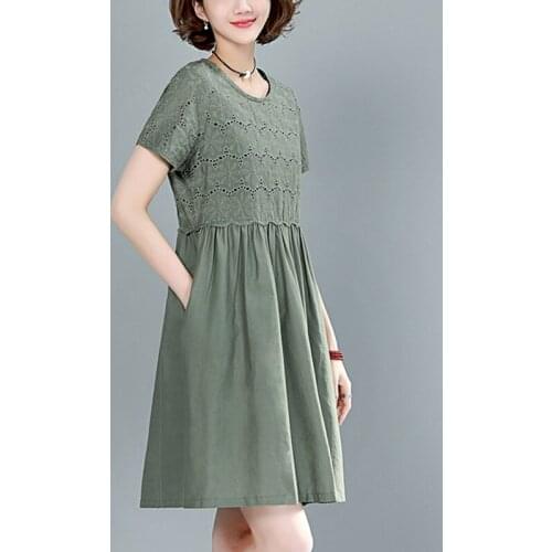 Vintage Cotton and Linen O-Neck Knee-Length dress women Summer new Solid color Casual Hollow Out Short sleeve A-Line dress women