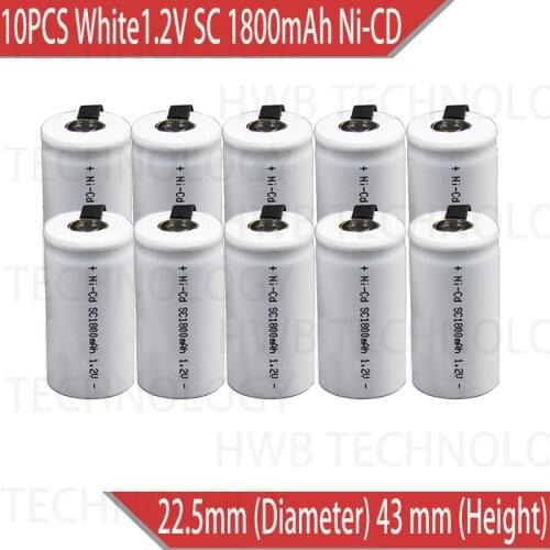 10PCS/lot Sub C SC 1.2V 1800mAh Ni-Cd Ni Cd Rechargeable Battery Batteries White color Free shipping
