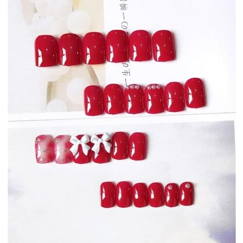 24pcs Bow Wine Red Nail Patch Square Head Glue Type Removable Short Paragraph Fashion Manicure False Nail Patch SAL99