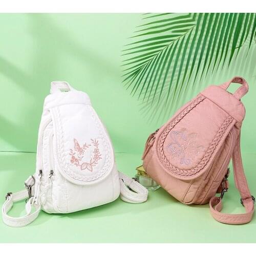 Butterfly embroidery sheepskin women backpack 3 in 1 soft genuine leather breast bag for mother ladies large capacity backpack