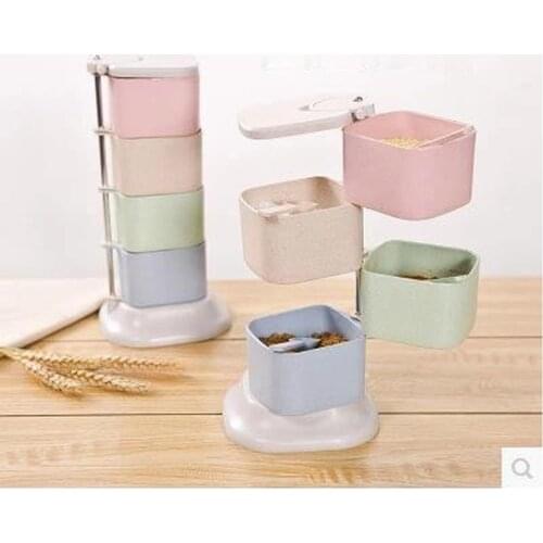 4 In 1 Wheat Straw Spice Jar Vertical Rotatable Seasoning Box kitchen Dust-proof Salt Pepper Powder Box Seasoning Tank Set