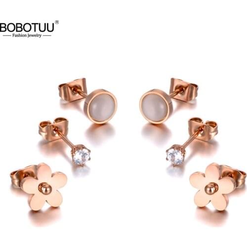 BOBOTUU Trendy Titanium Stainless Steel Flower Rhinestone Earrings Jewelry 3Pair/Set CZ Crystal Earrings For Women Girl BE20039