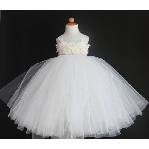 Girls White Lace Wedding Dress Kids Fluffy Crochet Flower Tutus Ball Gown with Straps and Headband Children Wedding Party Dress