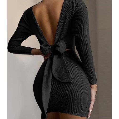 DSMTRC 2021 New Spring Backless Bow Tie Elegant Woman Party Chic Dresses Long Sleeve Bodycon Birthday Mini Dress Slim Vestidos