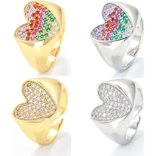 EYIKA Charm Rainbow Zircon Heart Chunky Rings Gold Silver Color Women Open Cuff Ring Wedding Engagement Lady Finger Jewelry