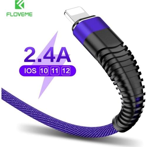 FLOVEME 2.4A USB Lighting Cable For iPhone 11 XR X 7 8 6S Durable Charger Cable Lighting To USB Data Nylon Braid Cable For iPad