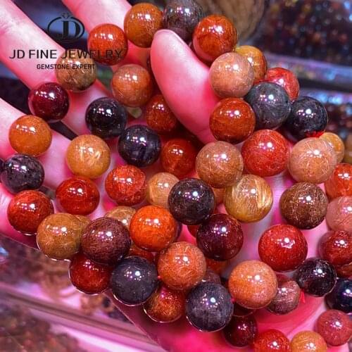 JD Top Quality 14-15mm Big Size Natural Colorful Rutilated Quartz Bracelets Many Hair Smooth Round Stone Beads Lucky Bracelet