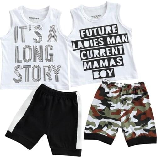 2Pcs Fashion Summer Toddler Baby Boys Outfits Clothes Cotton Casual Sleeveless Letter Tops+Camouflage Shorts Pants