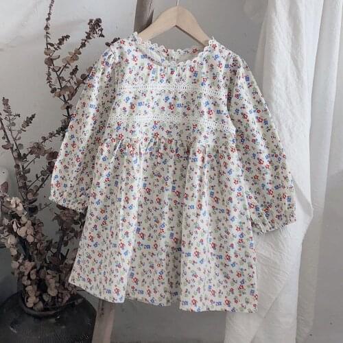 Korean Style Girls Dresses Lace Round Neck Casual Loose Flora Print Princess Costume Autumn Long Sleeve Girls Kids Dress 1-8Y