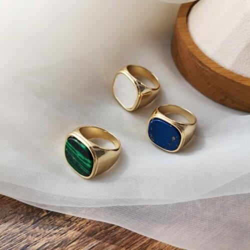 LeeSell 2021 New Personality Vintage Trendy Marble Shell Simple Geometric Square Metal Ring For Women Girls Party Jewelry Gifts