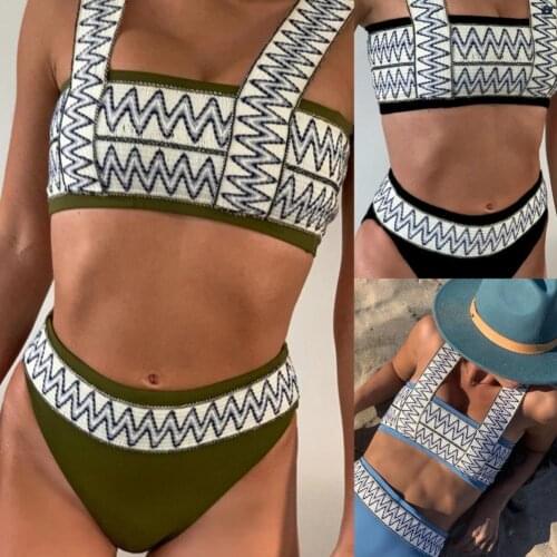 Hot sale Bikini Set Wavy Ripple Push Up Bandeau Summer Women Bra Mid Rise Briefs Striped Swimsuit for Beach Bikinis 2021 Women