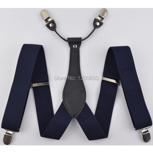 Mens leather suspenders with 4 clips Solid nave blue adjustable wedding braces Suspender for pants trousers Gifts 3.5 cm