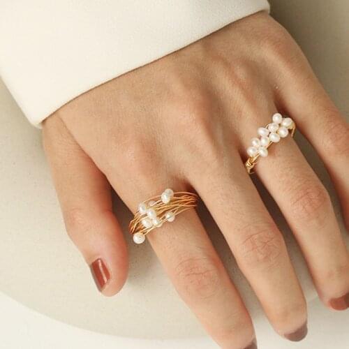 2021 New Elegant Trendy Natural Baroque Pearl Geometric Braided Gold Color Plated Metal Rings for Women Jewelry