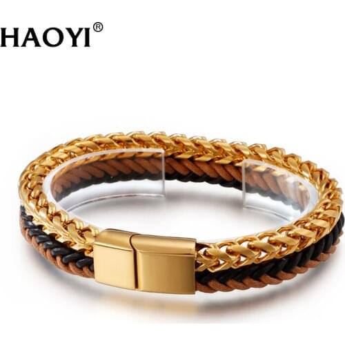 Punk Men Custom Stainless Steel Charm braclets Leather Chain Bracelet wholesale Chakra Magnetic Buckle bracelets Friends Gift