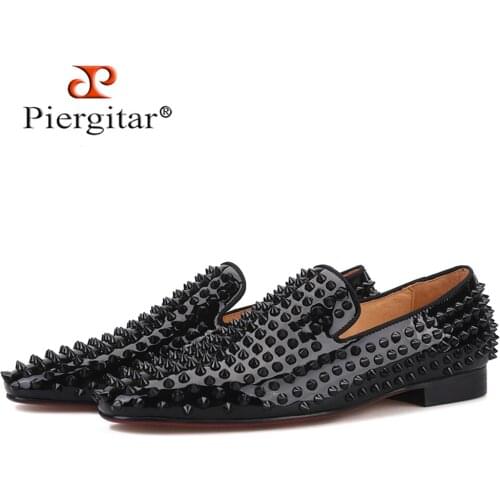 Piergitar 2020 new handmade men loafers with black spikes fashion party and prom mens smoking slippers plus size male flats