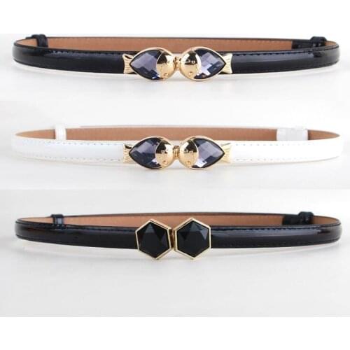 Fashion new brand PU leather woman thin belt metal gold buckle crystal fish trendy belts for women Color Black White red adjust