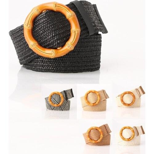 Women Vintage Boho Elastic Braided Waist Belt Round Wooden Smooth Buckle Fake Straw Wide Belt Female Belts Mujer