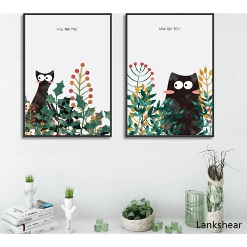 Cartoon Cute Cat Canvas Painting Literary Light Color Plant Posters Caffee Living Room Decorative Wall Art Modular Pictures