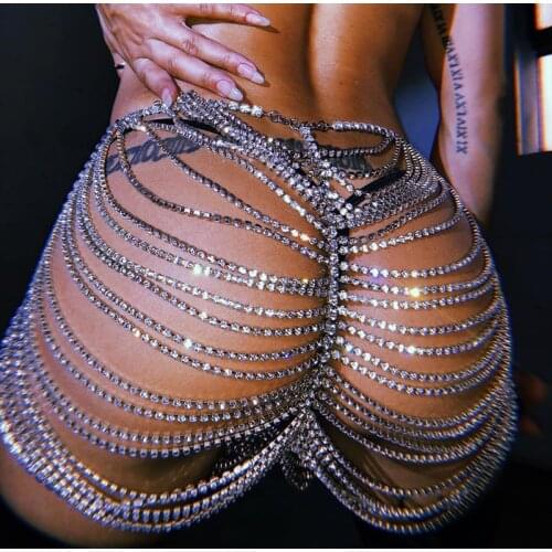 Sexy Rhinestone Skirt Bikini Outside Match Hollow Chain Hip Accessories Nightclub DJ GOGO Stage Performance Clothes Female 2022